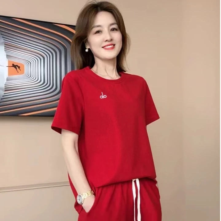 2025夏季新款女士圆领设计感百搭短袖百搭套装上衣6638-04