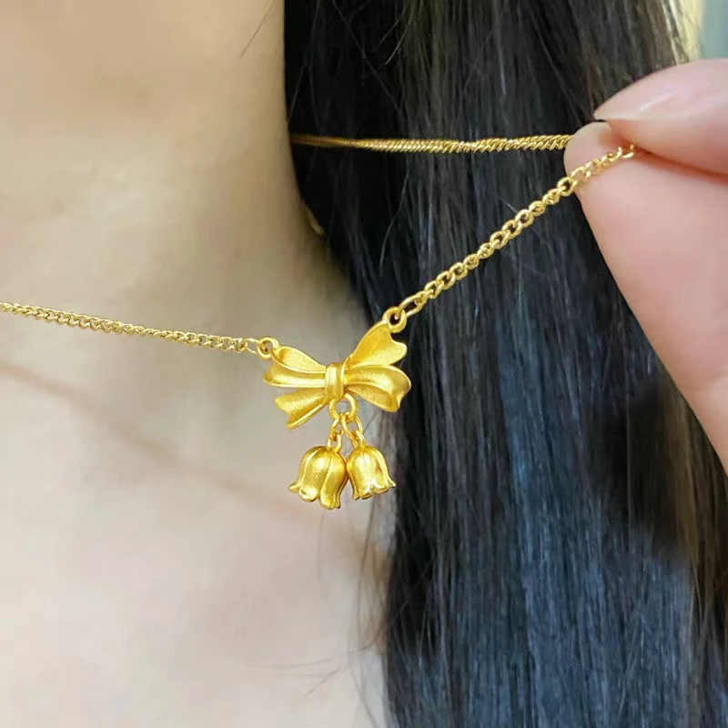 铜合金项链 【精工5.4g】蝴蝶结铃兰花项链女温柔气质锁骨链