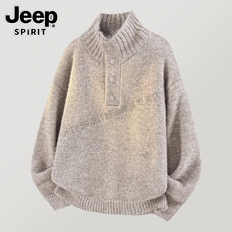 JEEPSPIRIT吉普高级感半高领针织衫男款美式复古秋冬加厚纽扣毛衣