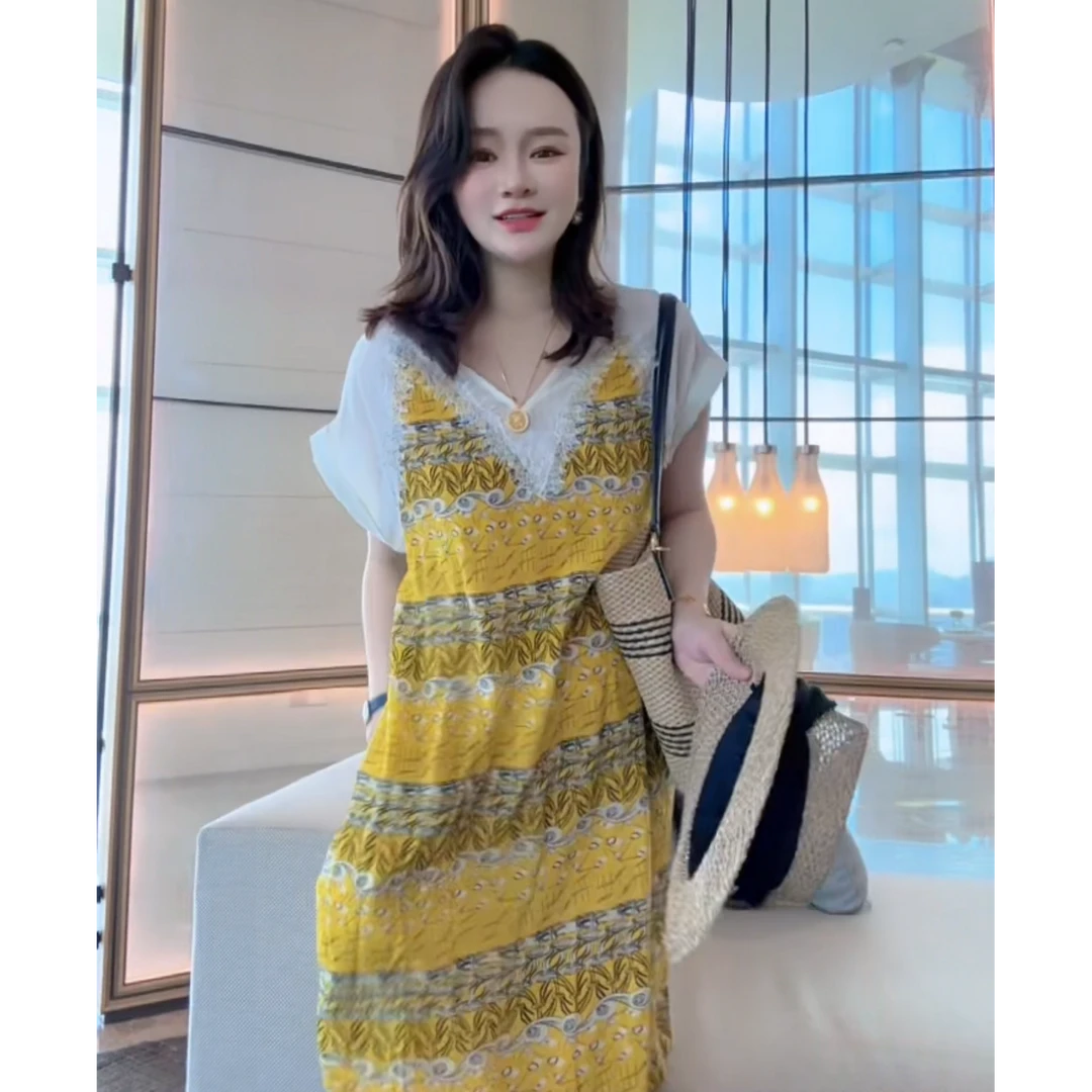 【丝芙玉禄】（S306）真丝双绉桑蚕丝气质拼色宽松中长款女装连衣裙