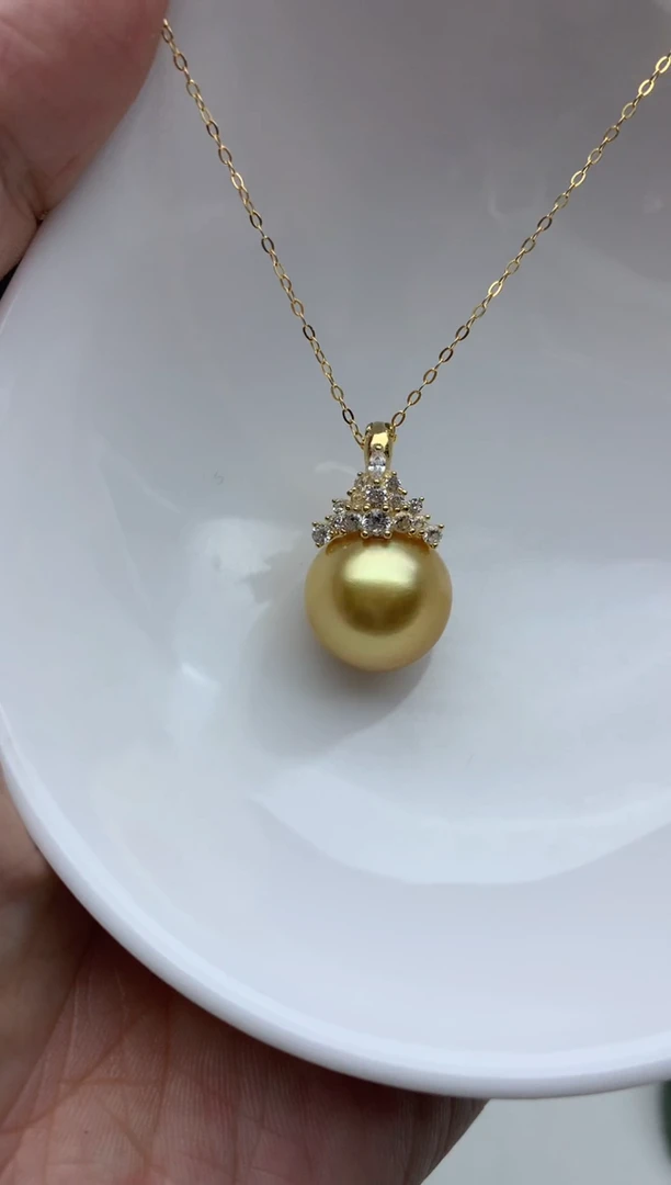 银S925镶嵌ff海水珍珠金珠吊坠(赠链）13~14mm