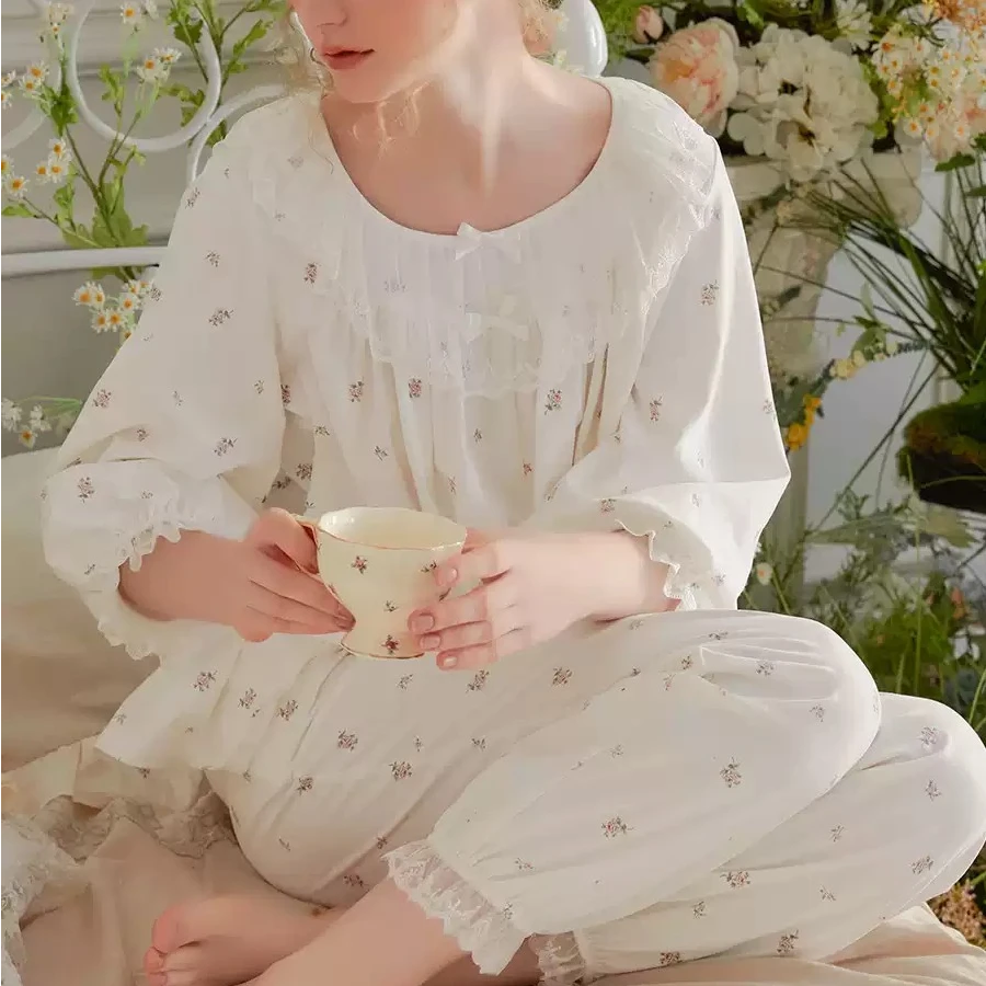 小碎花印花春秋睡衣女七分袖长裤套装性感可爱少女夏季家居服9457