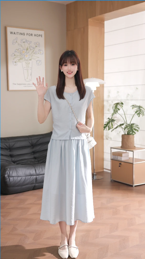 韩系圆领短袖衬衫半身裙套装夏女2025新款高级感大方得体两件套装
