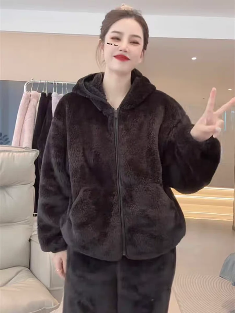 保暖睡衣家居服套装秋冬带帽连帽卫衣上衣女款套装时尚家居服