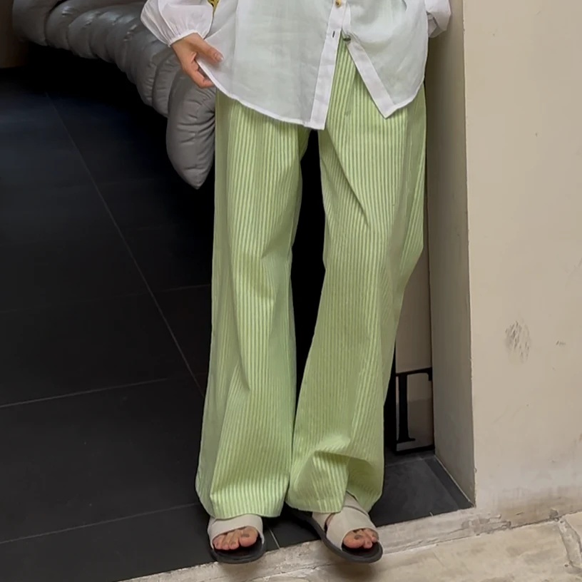 NXJ【仙本那】微胖大码 小香风条纹麻料阔腿裤长裤 240508