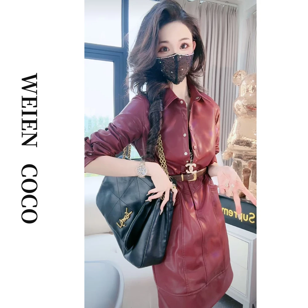 【薇恩COCO】休闲连衣皮裙加腰带二件套时尚百搭长袖秋冬套装S2245