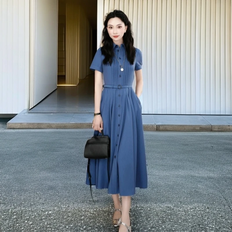 哥弟夏季通勤法式优雅翻领轻奢长款连衣裙附腰带1500449长裙