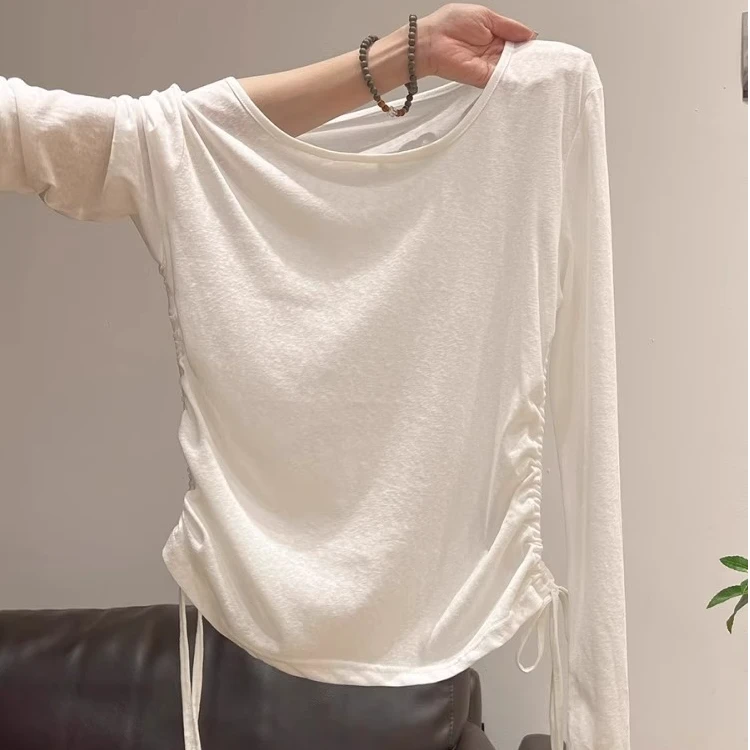 雪花棉温柔掐腰褶皱系带长袖t恤女防晒时尚新款宽松显瘦绝美上衣