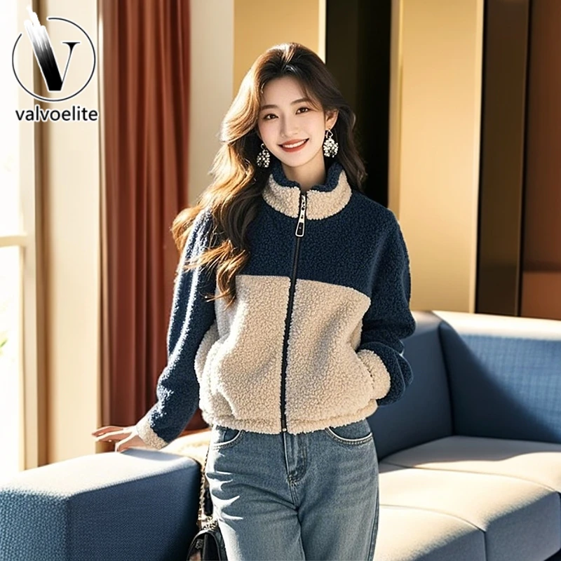 VALVOELITE小个子立领外衣女超好看藏蓝色棉衣秋冬季加绒加厚外套