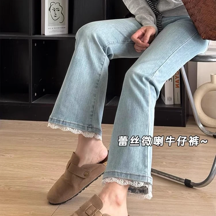 春秋孕妇牛仔孕妇喇叭裤新款花边高弹力孕妇微喇裤九分微喇裤