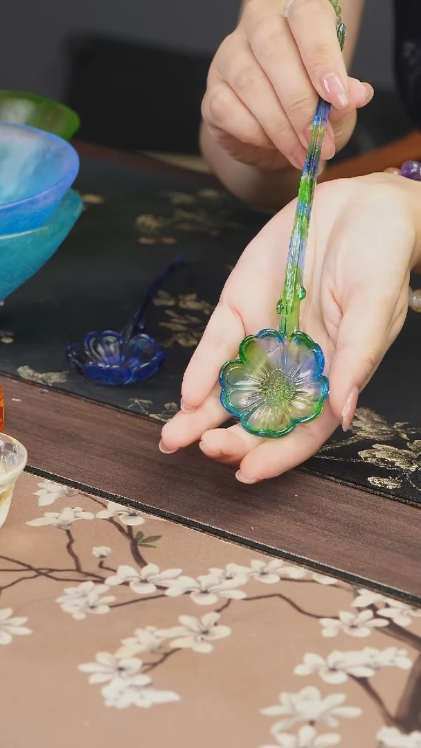 手工艺品琉璃蓝绿色花朵茶匙
