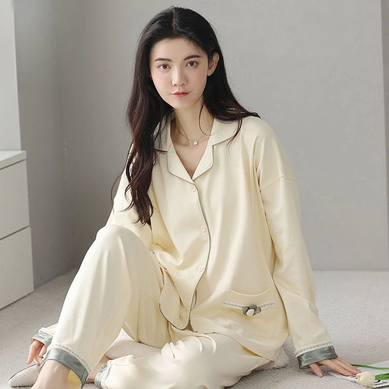 浪莎睡衣女春秋款带胸垫长袖长裤薄款新款秋冬季高级感家居服套装
