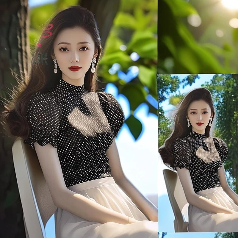 画枕眠女士别致设计感夏季时尚百搭轻奢波点泡泡短袖黑色衬衫上衣