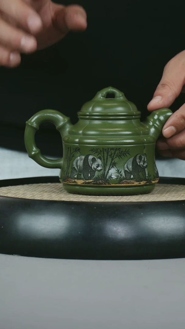 茶壶紫砂 绿泥  筋纹竹鼎 节节高升