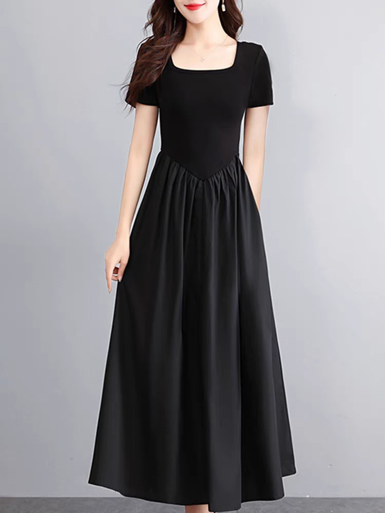 方领连衣裙裙子女夏季法式加长款到脚踝黑色短袖赫本风针织超长裙