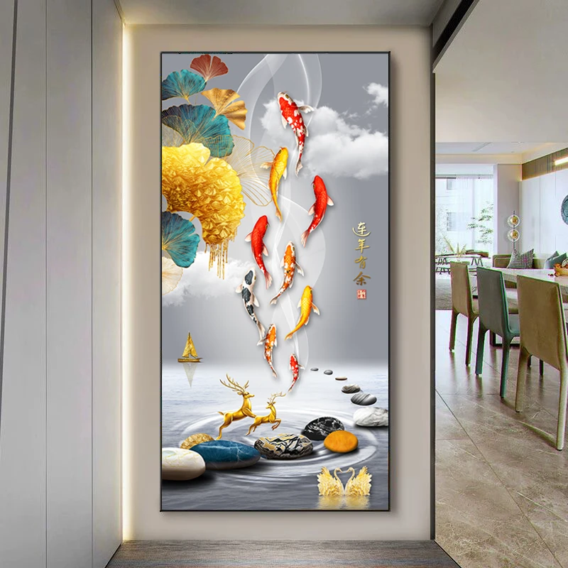 X08九鱼杏福图晶瓷镶钻装饰画走廊挂画入户挂画玄关画简约装饰画