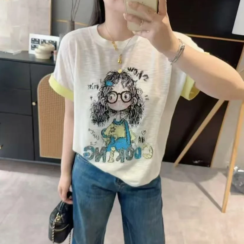 2025年新款时尚圆领拼色眼睛女孩宽松短袖上衣505