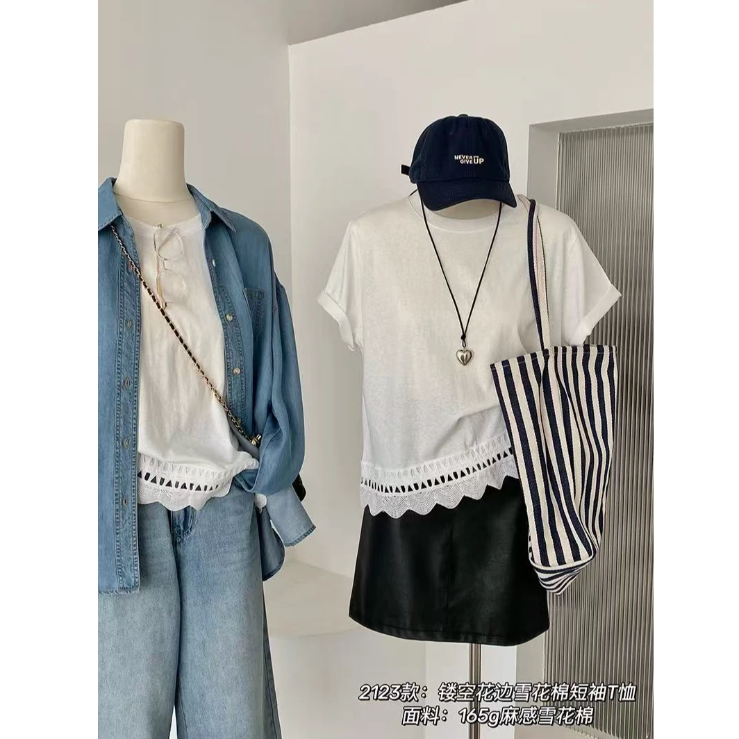 小孟~白色镂空短袖T恤正肩设计感2123