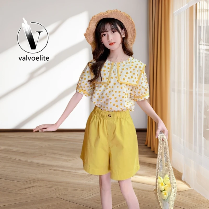 VALVOELITE时尚短袖短裤两件套女童夏季套装2025年新款中大童洋气