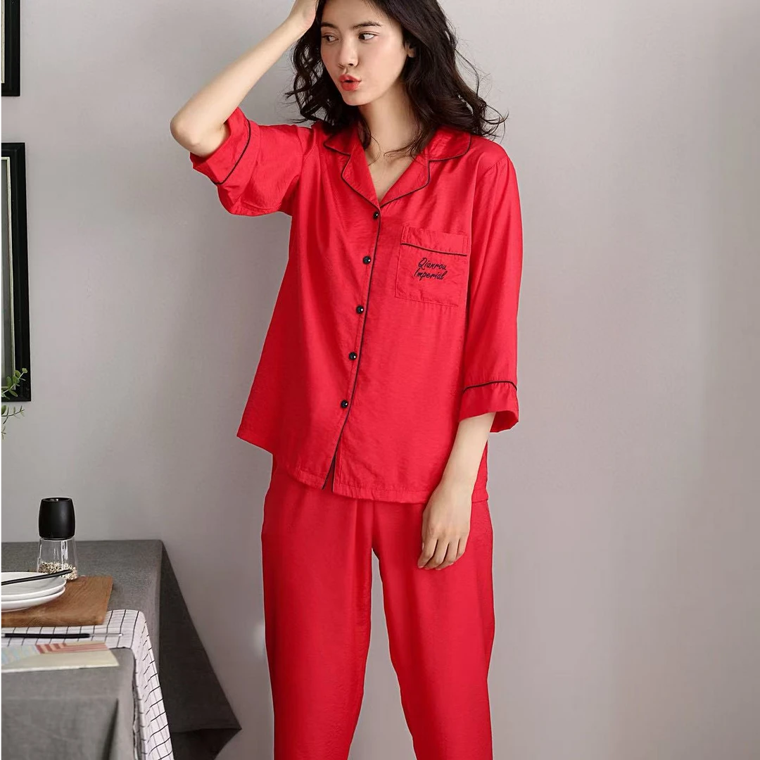 天丝麻睡衣薄款情侣款套装结婚本命年男女休闲家居服睡衣套装周哥