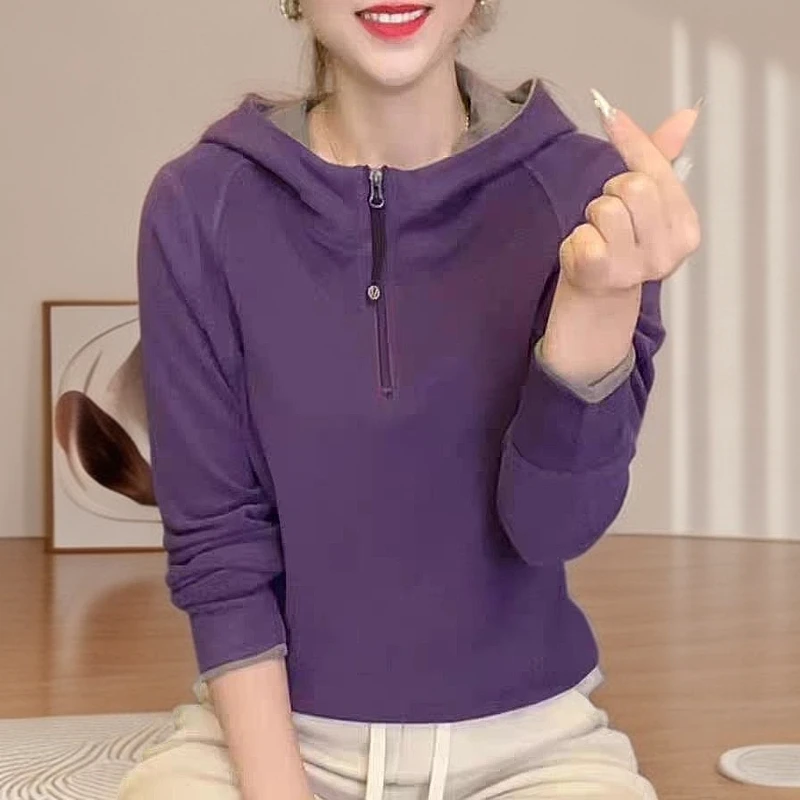 时尚拼色双面绒连帽卫衣女秋冬新款妈妈装休闲减龄保暖显瘦上衣
