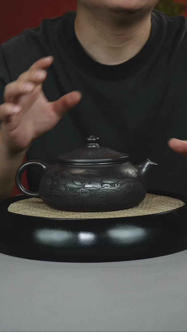 茶壶紫砂石黄 寒江 刻绘山水