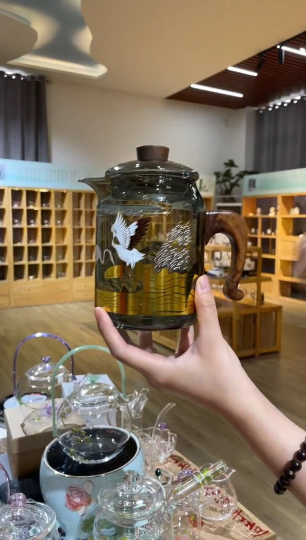 九河鹤栖月牙煮茶壶黑木把