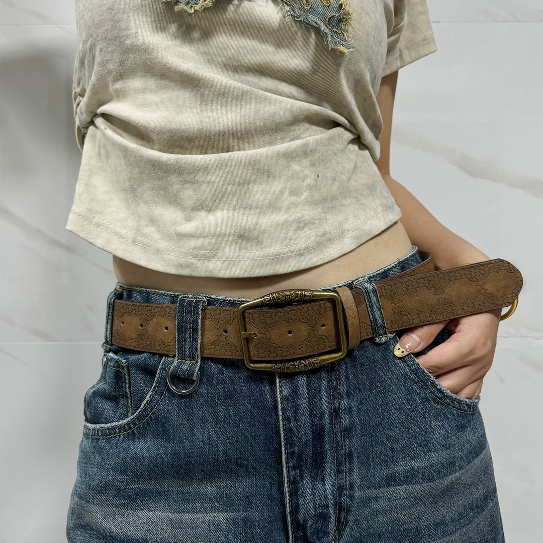 复古棕色男女通用皮带雕刻绣花潮流户外百搭风美式腰带民族风