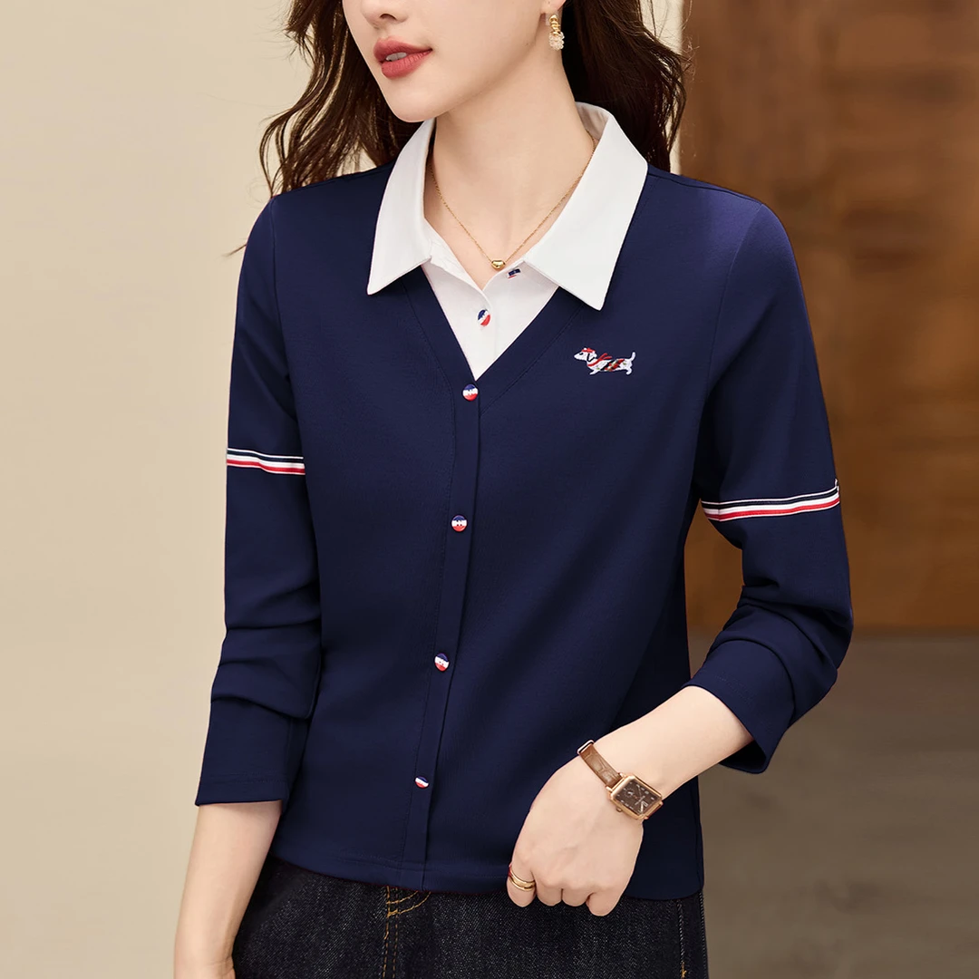 90支精梳棉花洋气长袖t恤高级POLO领休闲上衣遮肚子显瘦减龄女装