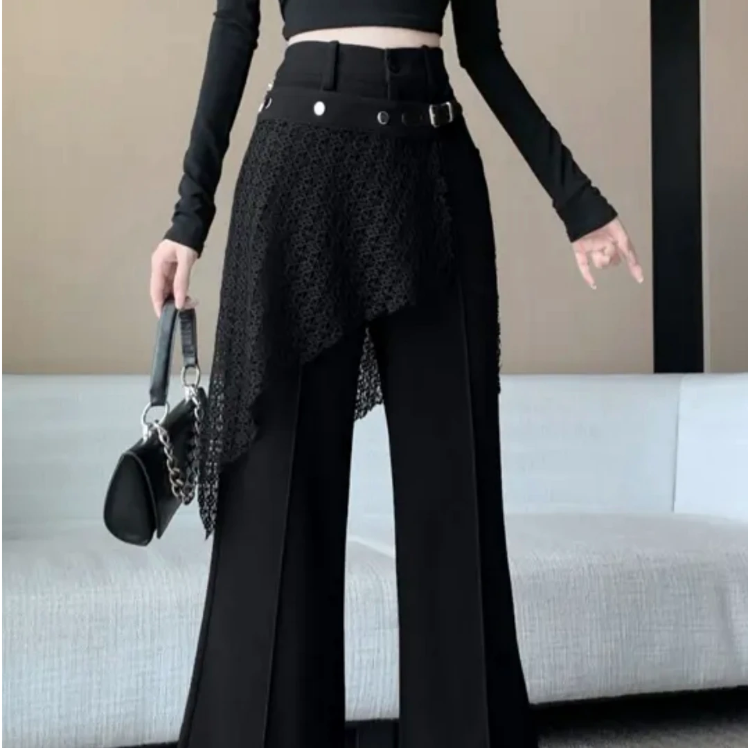 7821#网面屁帘拼接腰纽扣设计感新款休闲长裤