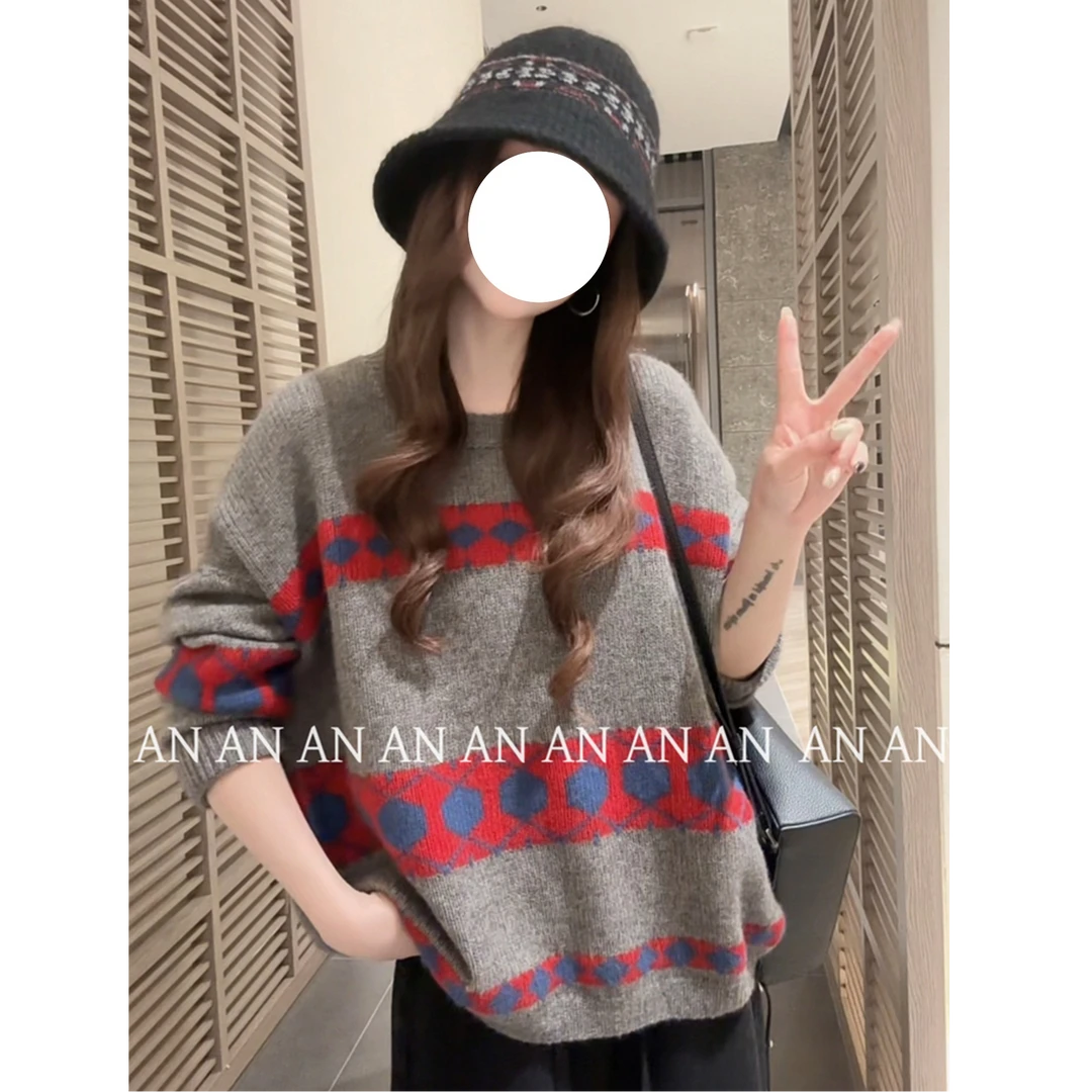 复古提花毛衣女春秋新款大码胖mm内搭加厚保暖上衣长袖打底针织衫