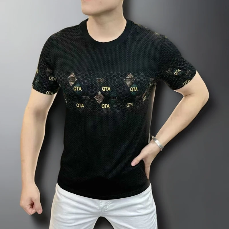 2025年短袖男士夏季半袖潮流修身印花圆领T恤休闲轻奢清凉上衣潮