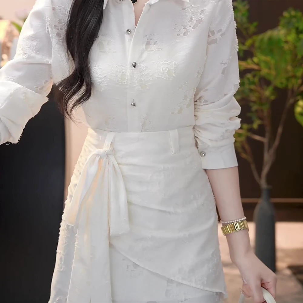 【温柔陷阱】新款法式显瘦长袖衬衫上衣+半身裙套装两件套女时尚