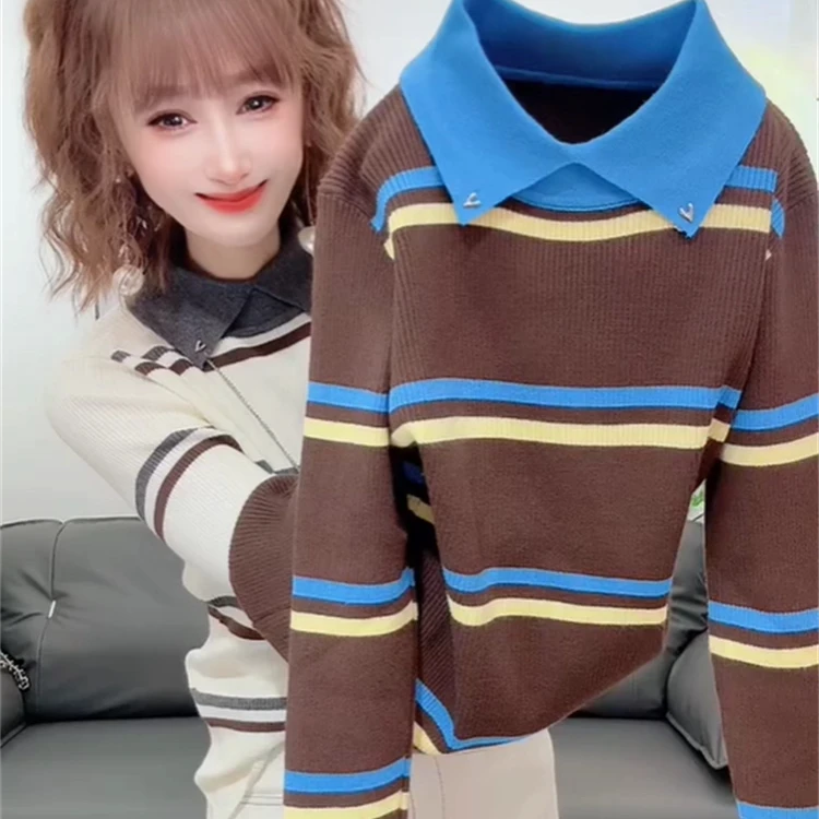 韩版撞色条纹POLO领针织衫女秋冬气质百搭显瘦设计感毛衣打底上衣