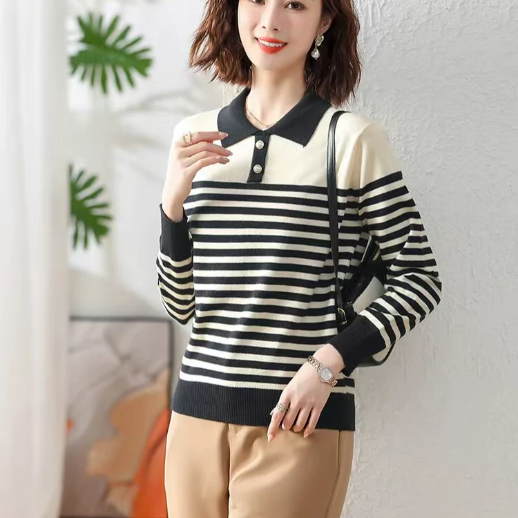 洋气妈妈薄款翻领毛衣时尚女装春秋装条纹衫新款打底上衣63918