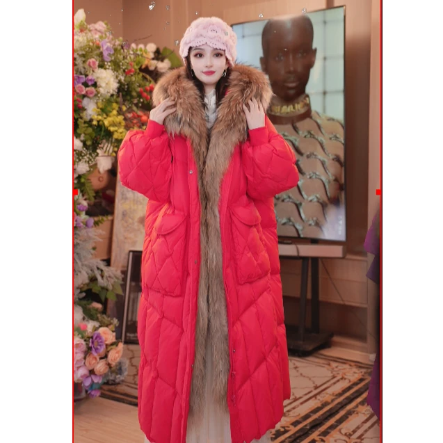 【木妍高定】冬季时尚连帽优雅大毛领白鸭绒长款保暖羽绒服251P280