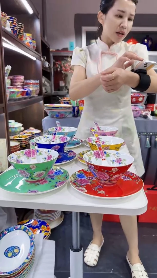 珐琅三件套碟碗勺10套景德镇陶瓷
