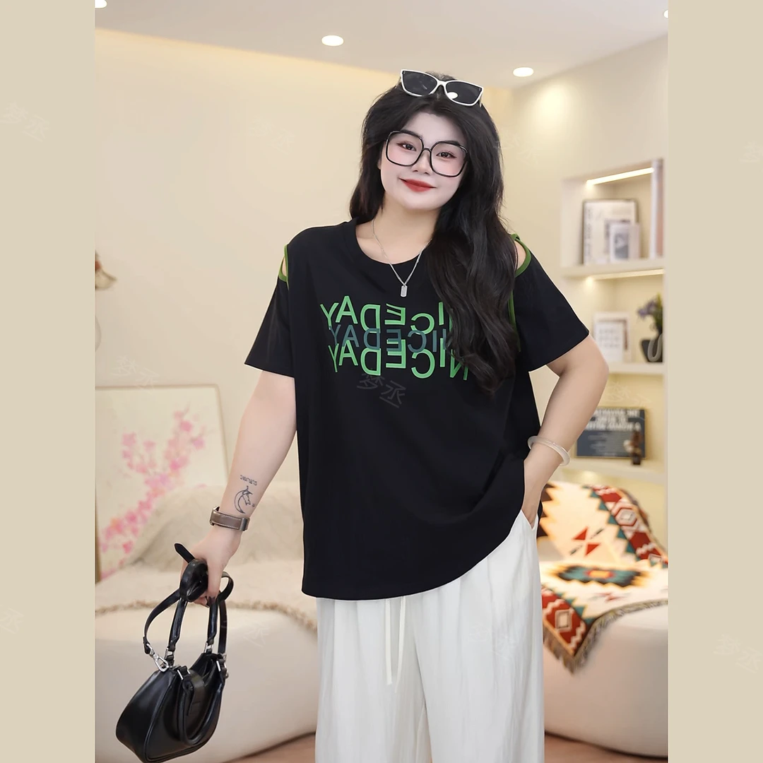 梦丞-镂空字母印花夏季圆领大码女装宽松显瘦遮肉百搭T恤上衣女