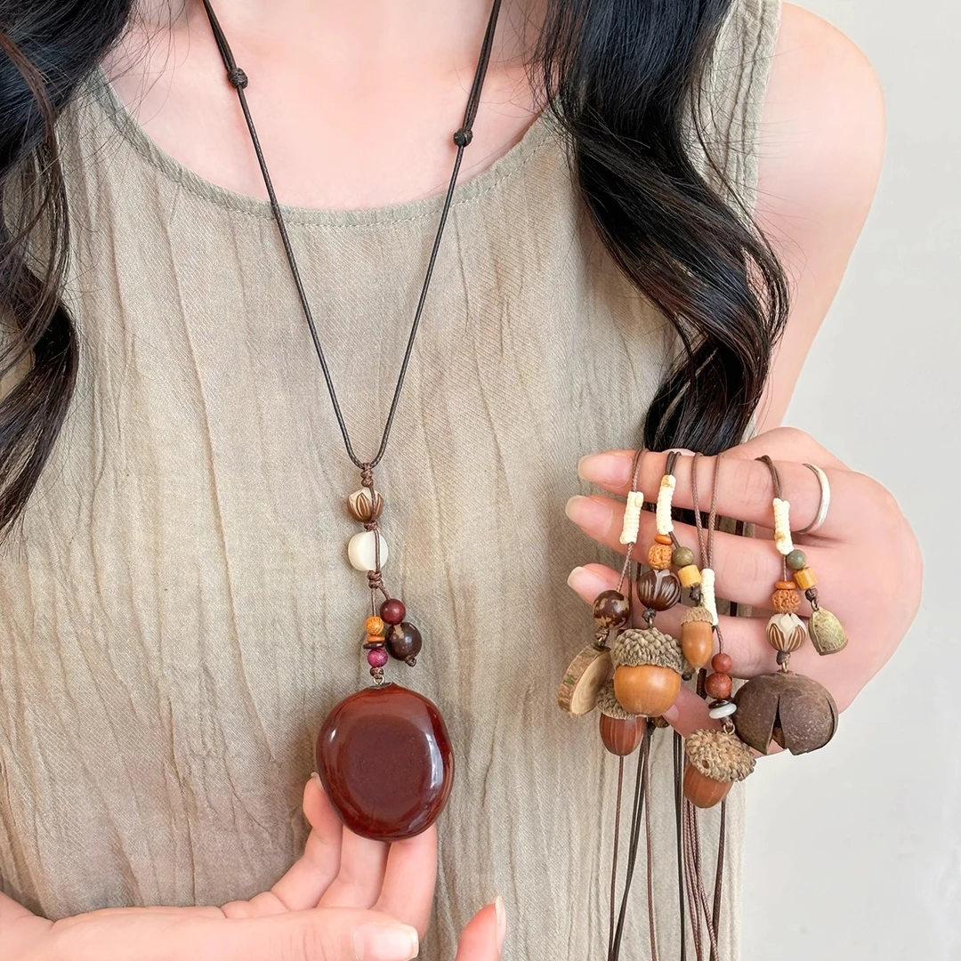 钛钢木质项链 木质前调~禅意植物橡果项链新中式小众设计长款配饰