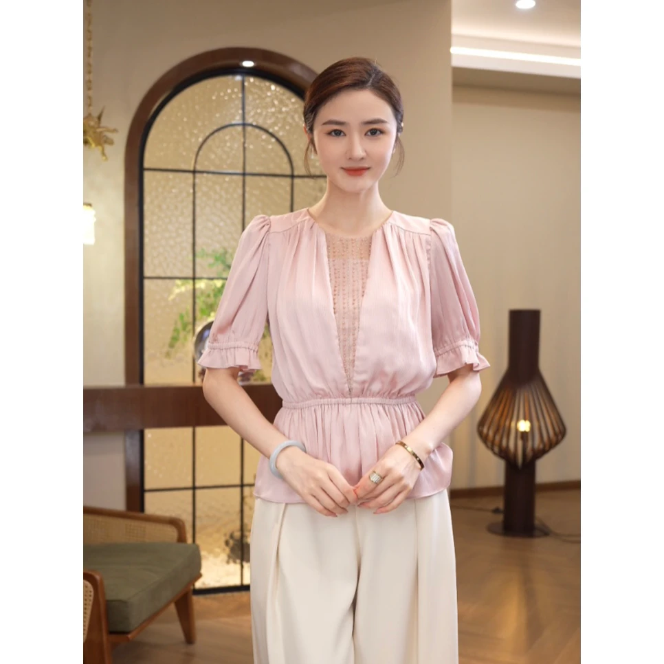 2025夏新款【QQ-X1080】茱萸粉显瘦百搭通勤穿不撞衫圆领短袖衬衫女