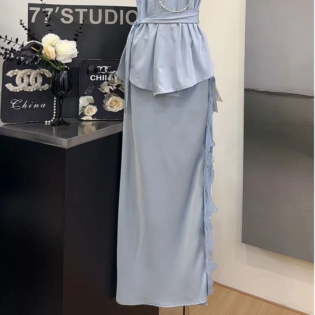 【雾林碎花】法式蕾丝拼接开叉半裙-25306