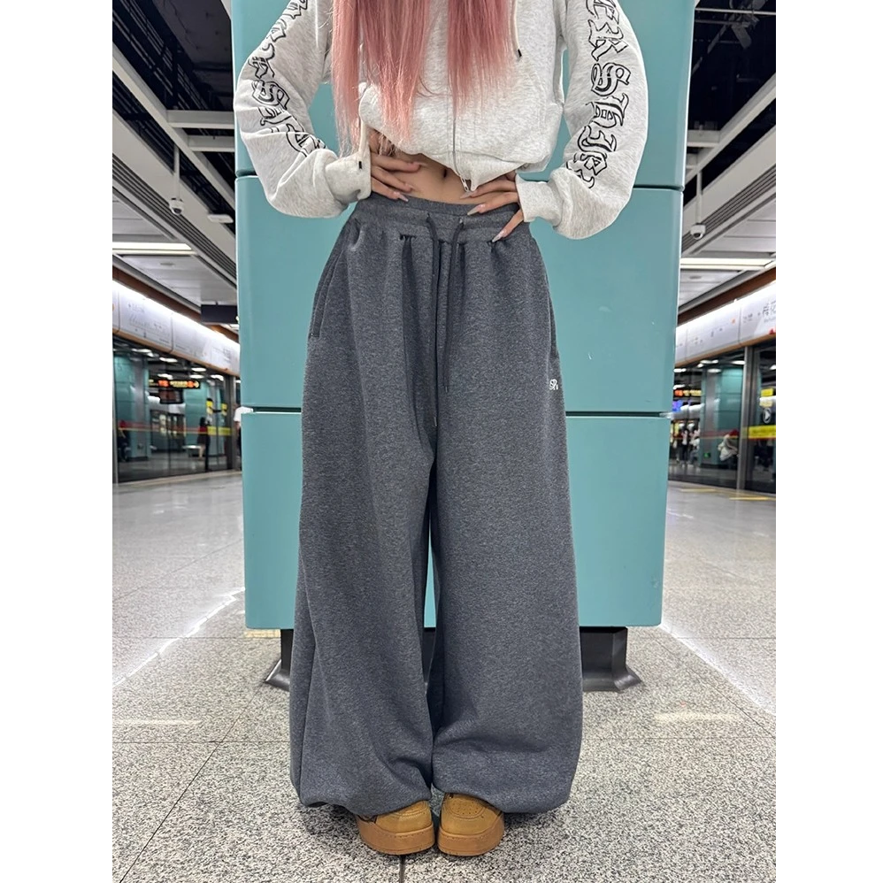 美式慵懒风抽绳阔腿卫裤男女宽松休闲垂感百搭拖地长裤