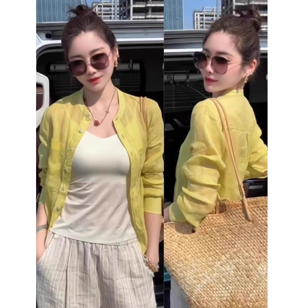 欧货时尚简约苎麻防晒长袖衬衫女春夏高级感气质百搭薄款开衫上衣