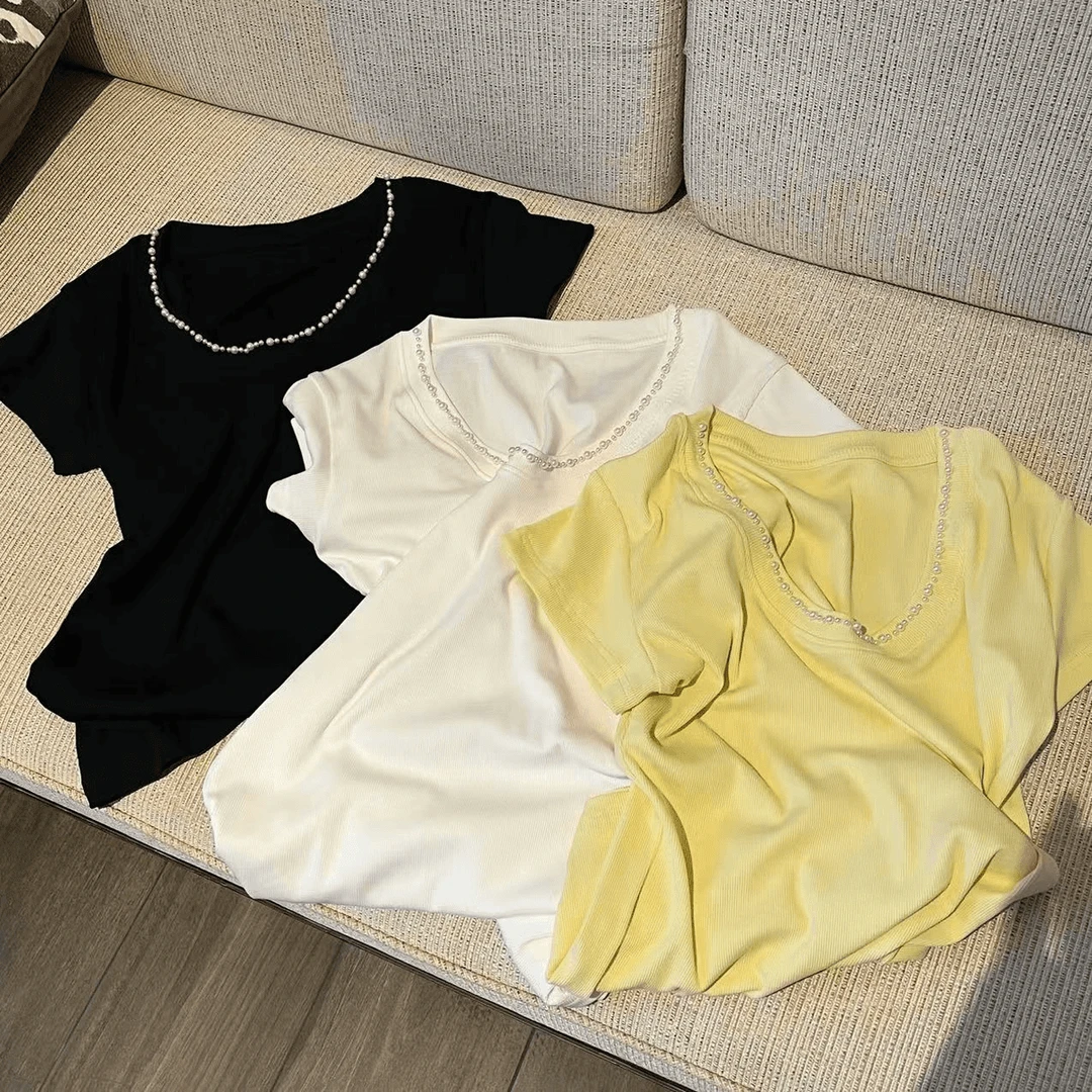 韩版百搭2026年时尚显瘦珍珠领口针织短袖百搭纯色上衣W1-72