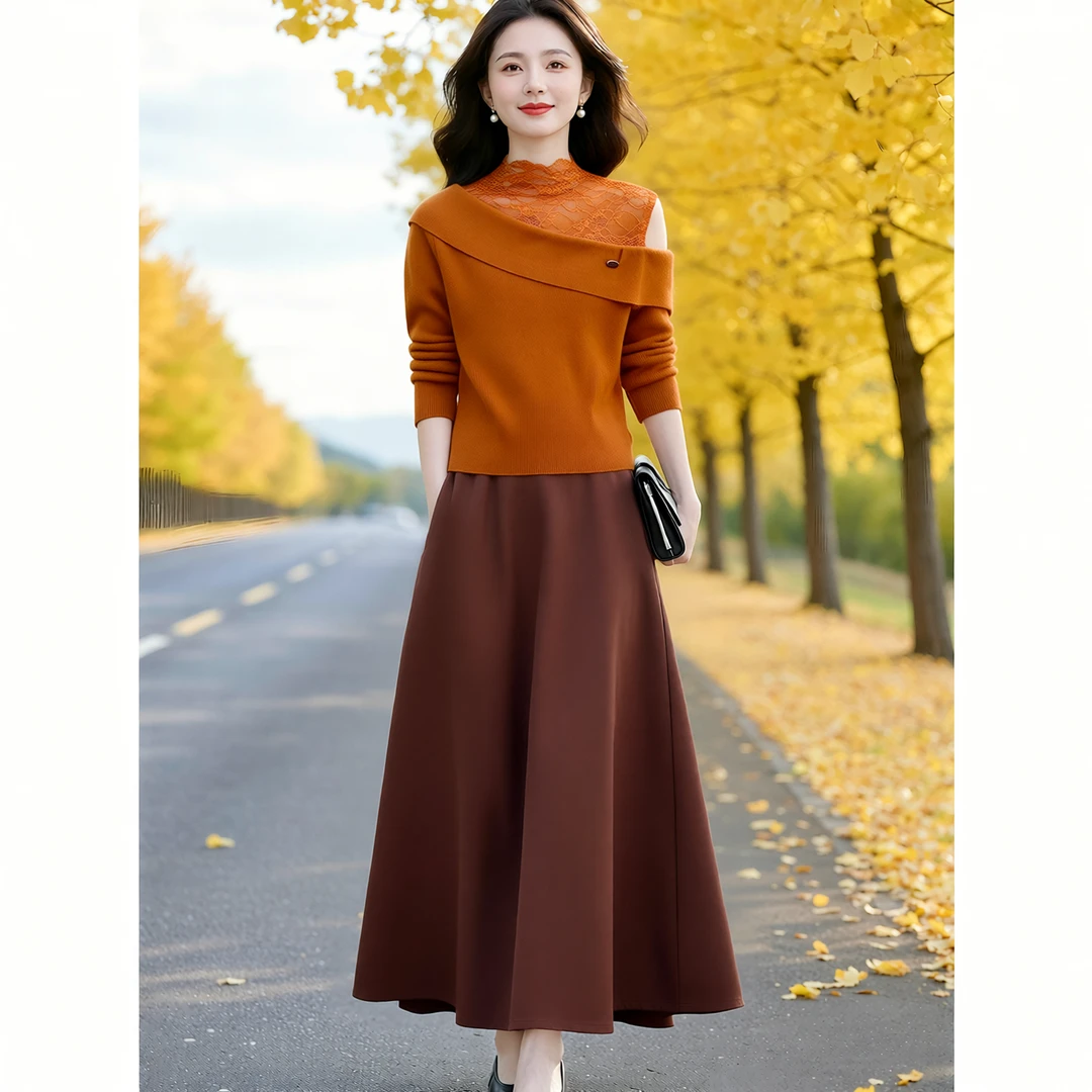 YLY#冬季轻熟针织衫女时尚气质蕾丝拼接上衣温柔半身裙A95