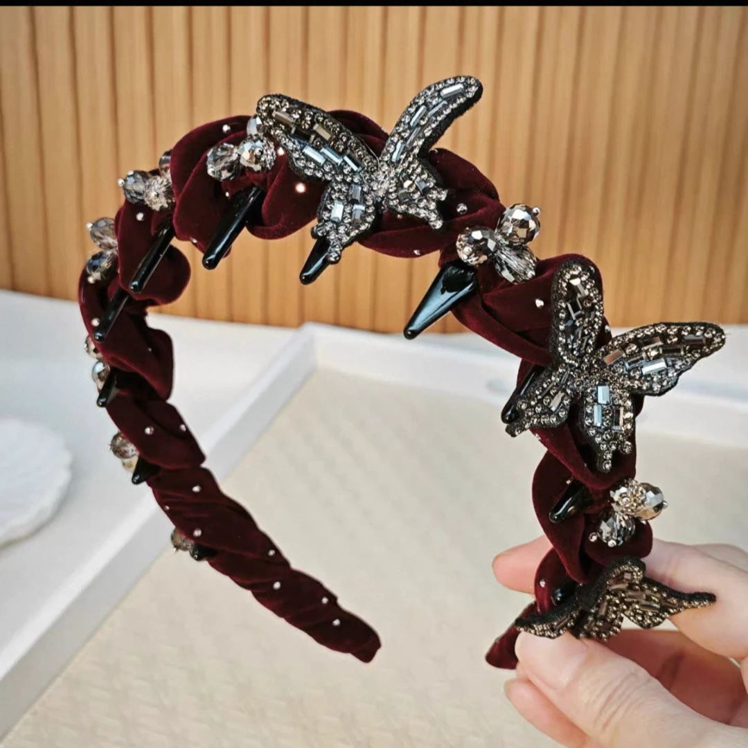 新款秋冬轻奢气质蝴蝶串珠发箍丝绒满天星发卡洋气高颅顶头箍4078