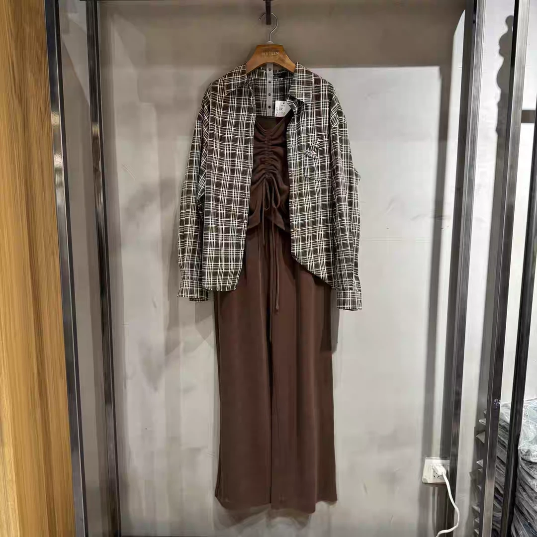 麦寻女装新款特惠格子衬衣吊带背心阔腿裤三件套TZKGQ019
