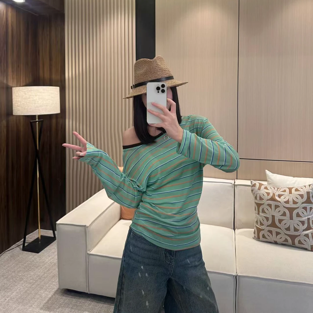 【小婉】海盐条纹   宽松百搭撞色条纹侧褶收腰一字肩长袖T恤