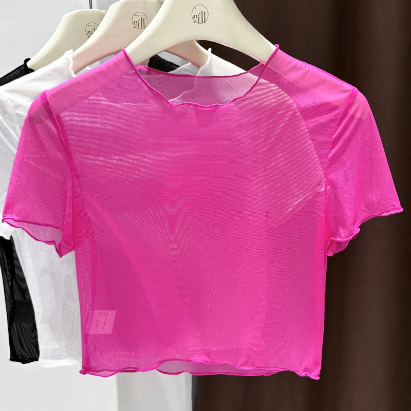 透视木耳边网纱短袖T恤秋季洋气圆领短款修身蕾丝打底衫薄款内搭