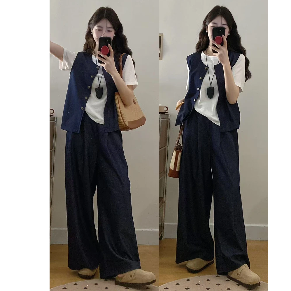 大码女装胖mm新款时尚简约马甲阔腿裤三件套